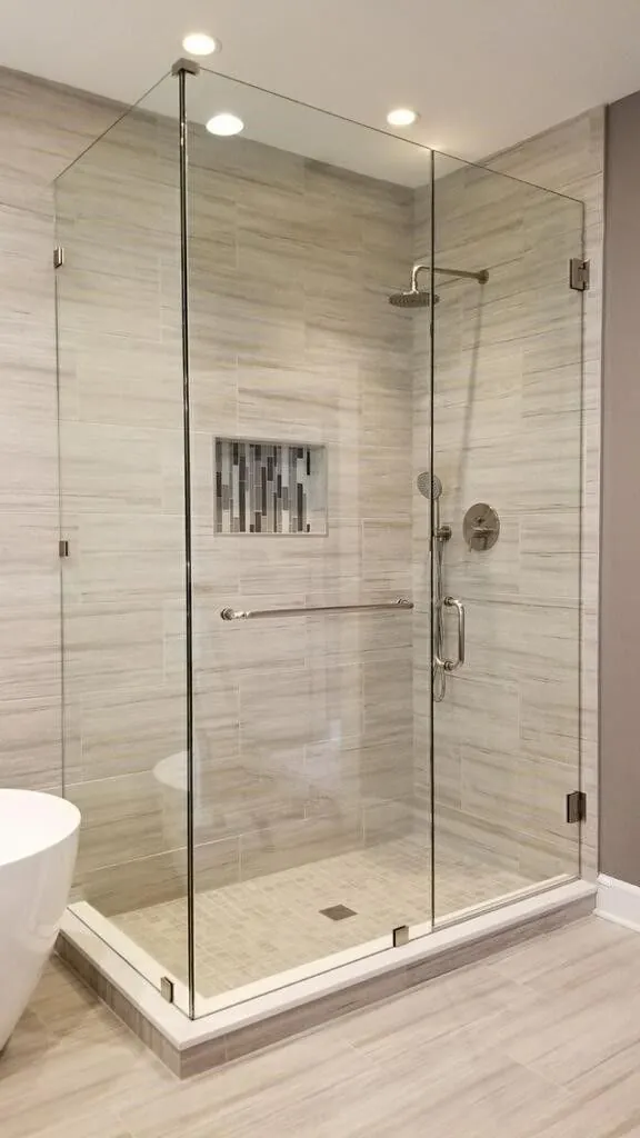 Large frameless sliding glass steam shower enclosure with rain-shower panel — BlueCrest, Egypt